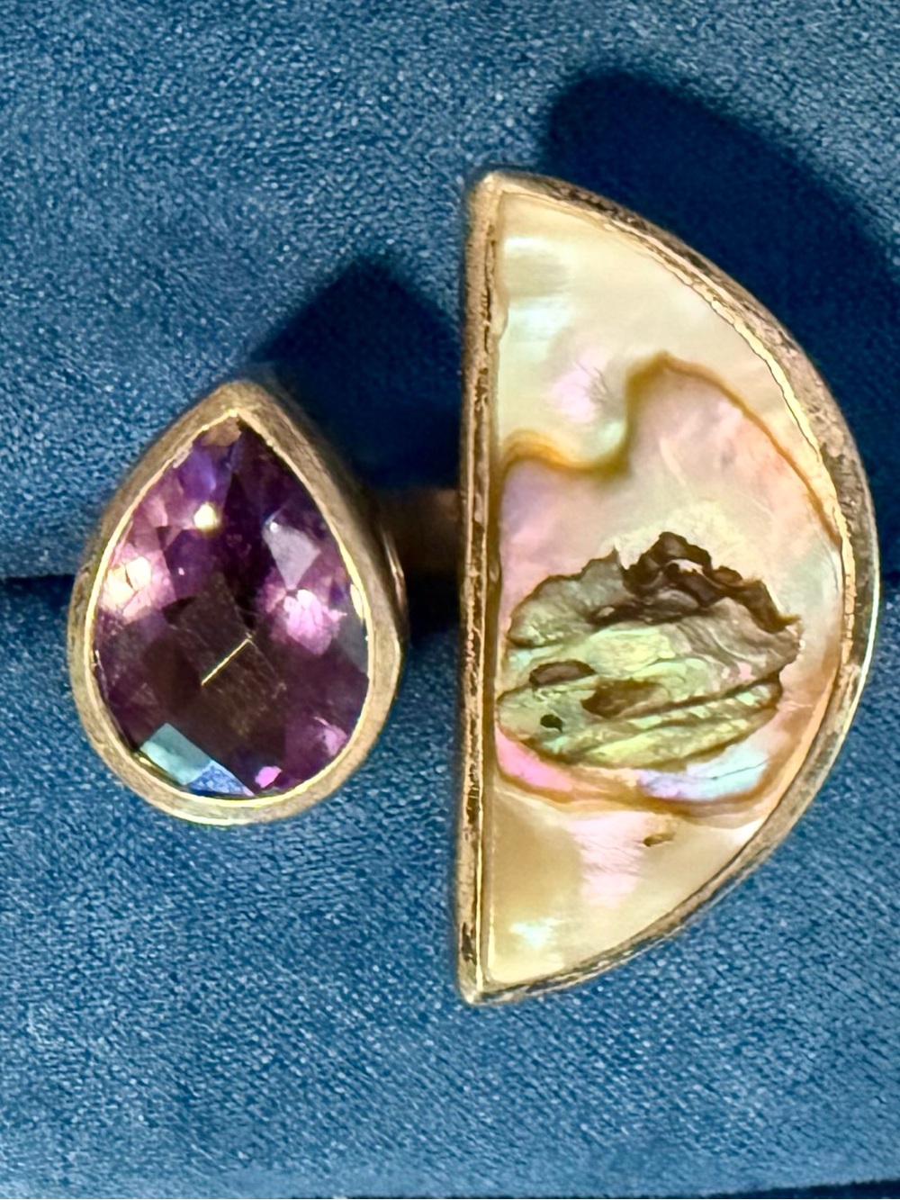 Vtg Sterling Silver Amethyst & Abalone Statement Ring - Size 7